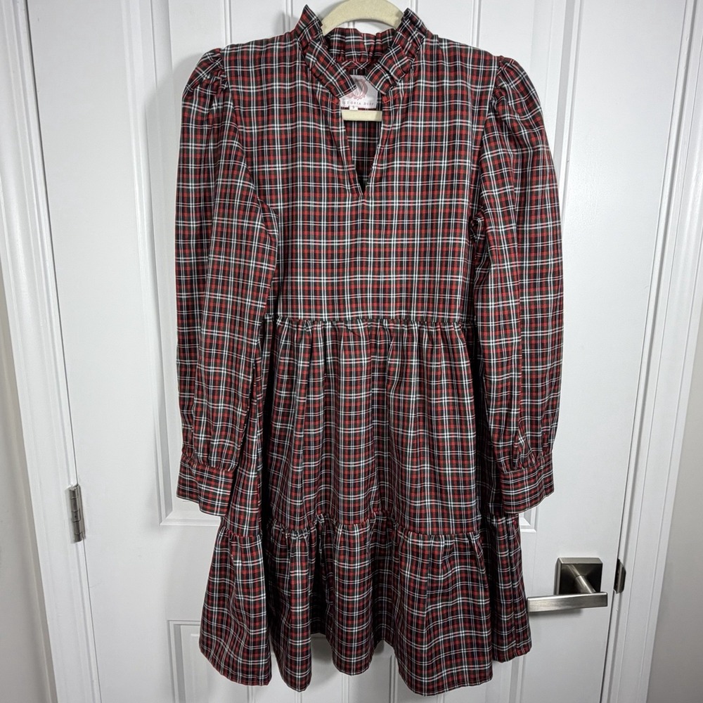Victoria Dunn Red Green Plaid Tiered Mini Dress Puff Sleeve Holiday Size Small